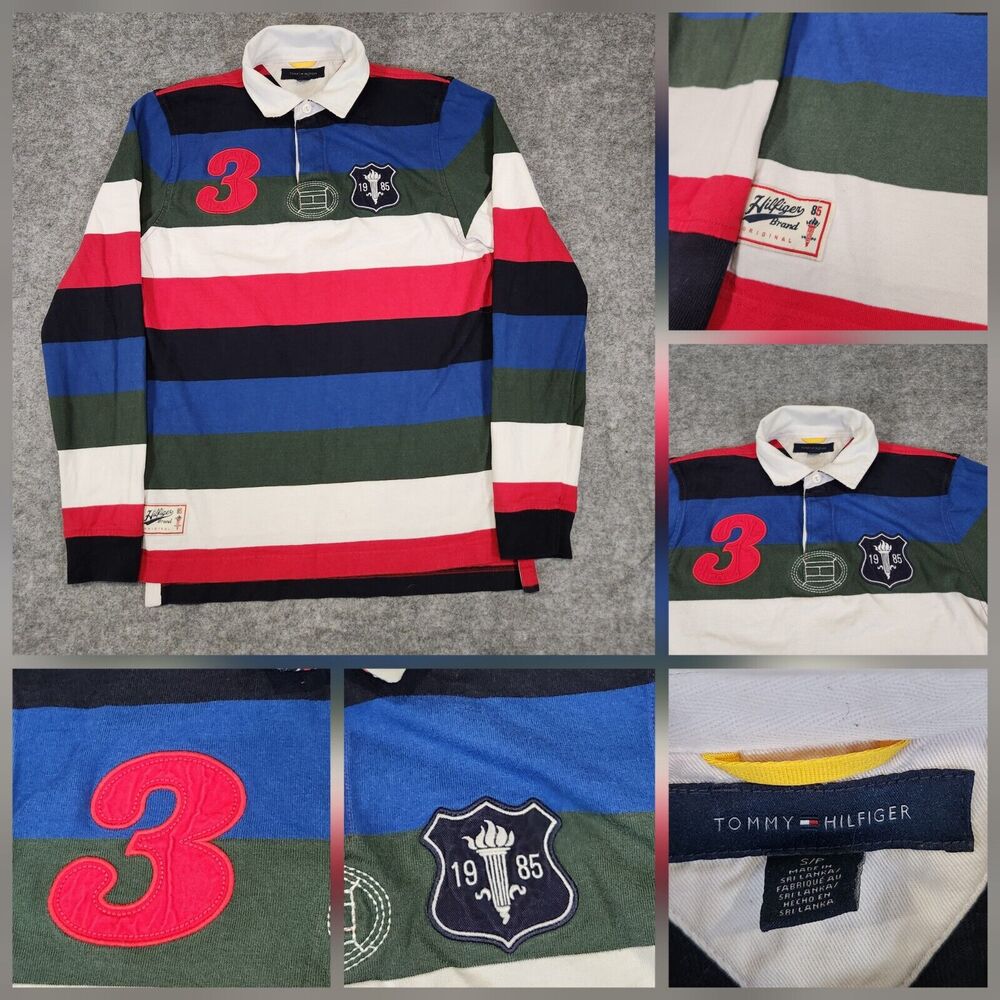 VTG Tommy Hilfiger Mens S Small Stripe #3‎ Olympic Torch Long Sleeve Polo Shirt